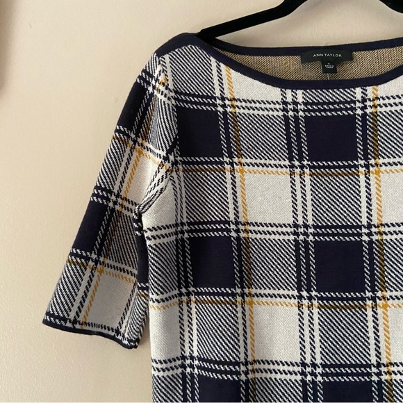 Ann Taylor• black yellow/orange fall plaid wool blend short sleeve top - Picture 3 of 13